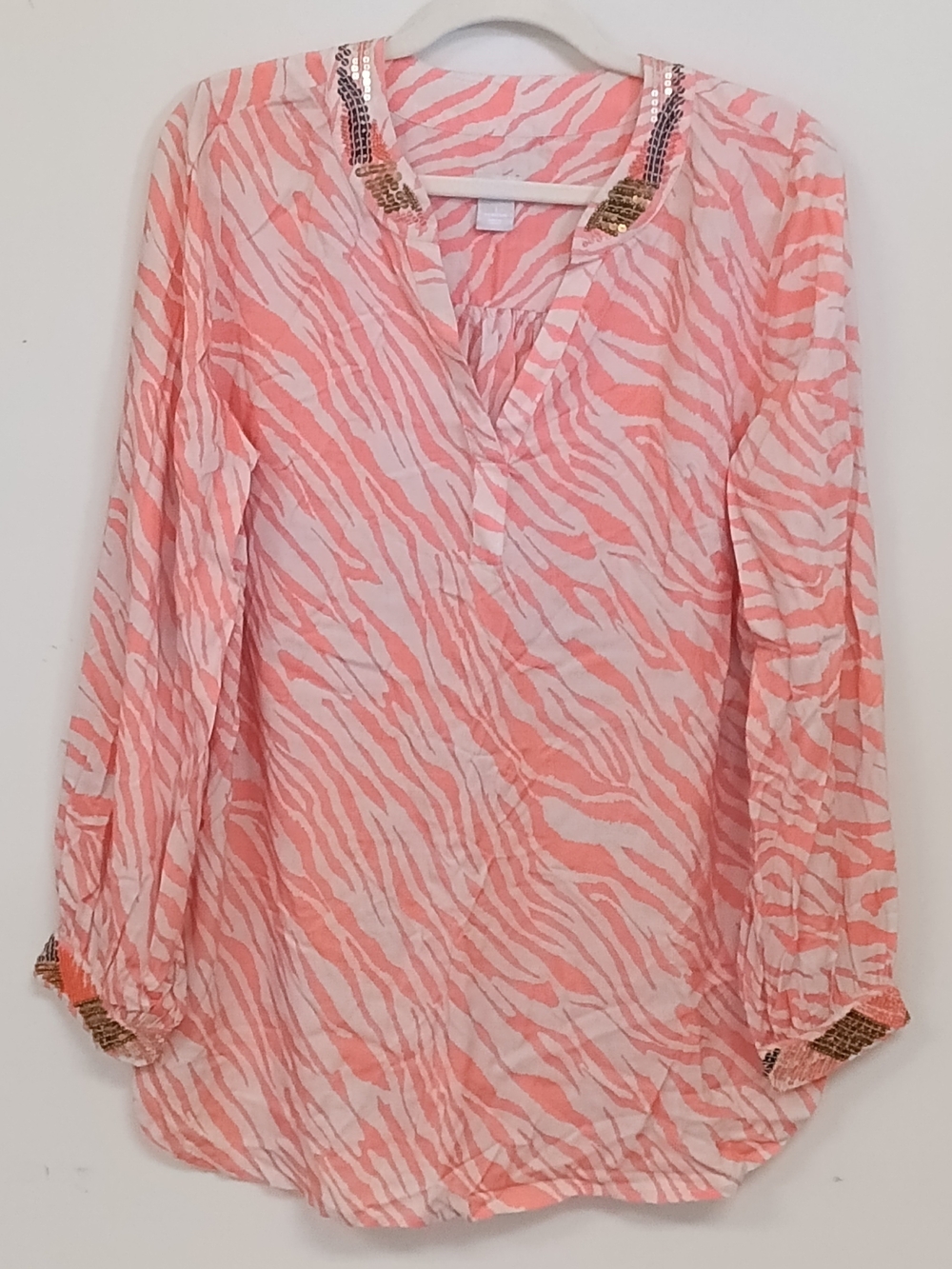 Chico's Zebra Animal Print Sequin Embellished Beaded Lightweight V Neck Tunic M